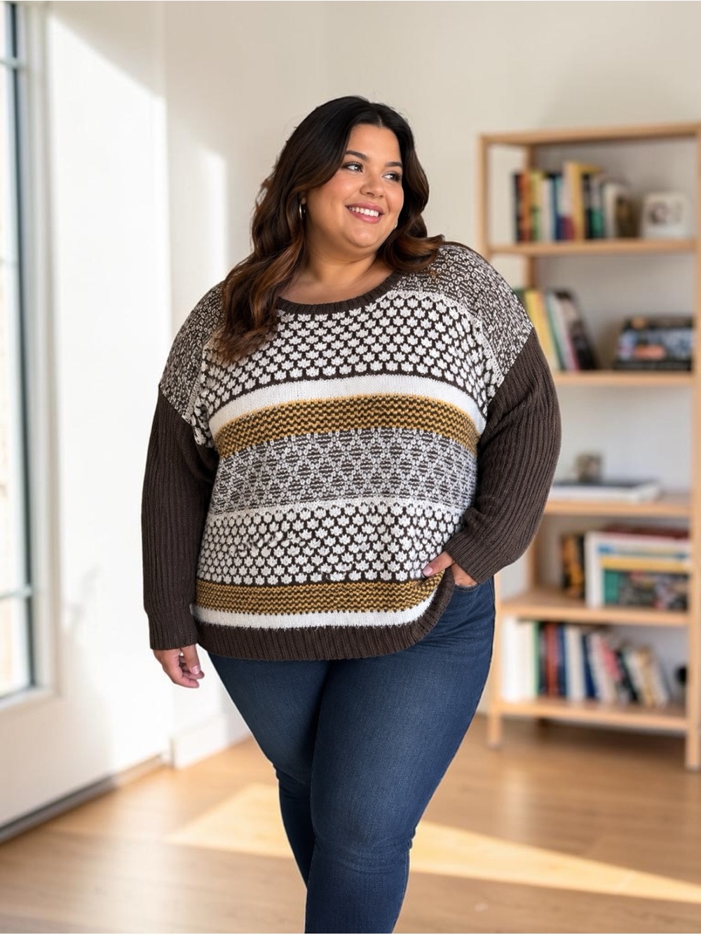 Skye's the Limit Green, Cream & Mustard Patterned Crewneck Sweater